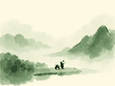Illustration: Ein kleiner Panda am Ufer eines Sees vor Bergen